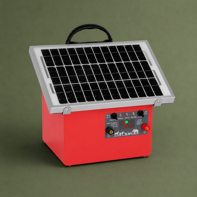 Solar Electric Fence Charger with 0.5 Joule Power & Built-In Battery – 20 Mile Coverage